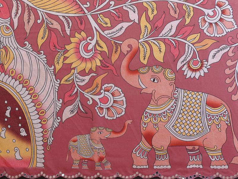 Peach rich manipuri silk kalamkari digital print saree with mirror work border