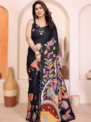 Black rich manipuri silk blend kalamkari digital print saree with mirror work border 1