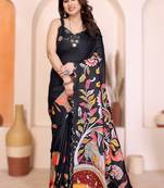 Black rich manipuri silk kalamkari digital print saree with mirror work border