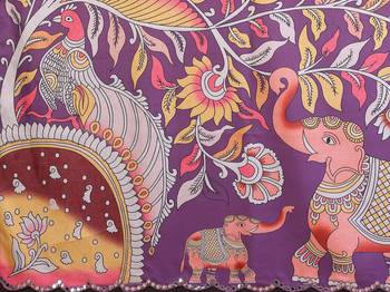 Dark purple rich manipuri silk blend kalamkari digital print saree with mirror work border 5