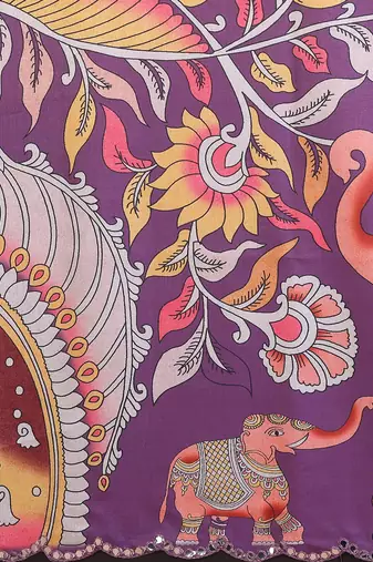 Dark purple rich manipuri silk blend kalamkari digital print saree with mirror work border
