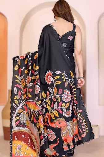 Black rich manipuri silk blend kalamkari digital print saree with mirror work border
