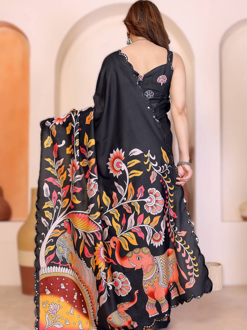 Black rich manipuri silk kalamkari digital print saree with mirror work border