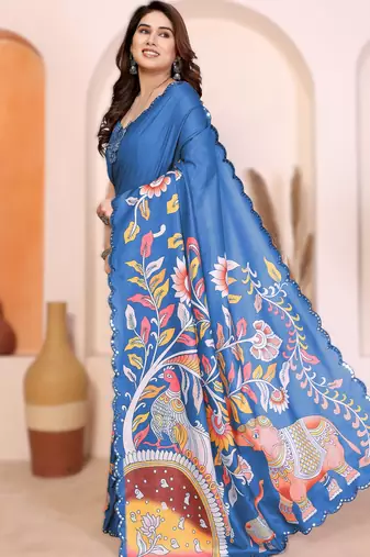 Blue rich manipuri silk kalamkari digital print saree with mirror work border