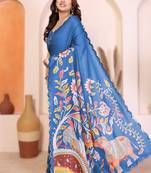 Blue rich manipuri silk kalamkari digital print saree with mirror work border