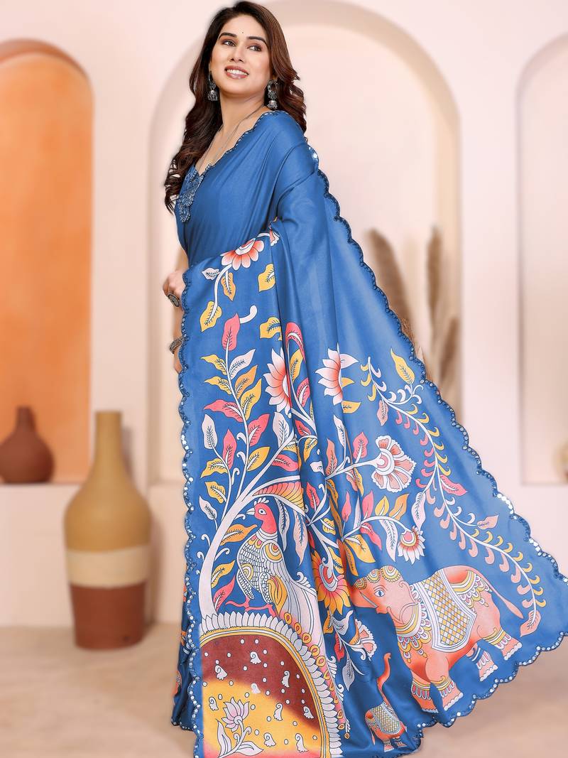 Blue rich manipuri silk kalamkari digital print saree with mirror work border