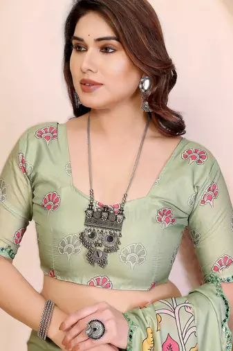 Parrot green rich manipuri silk blend kalamkari digital print saree with mirror work border