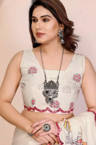 White rich manipuri silk blend kalamkari digital print saree with mirror work border