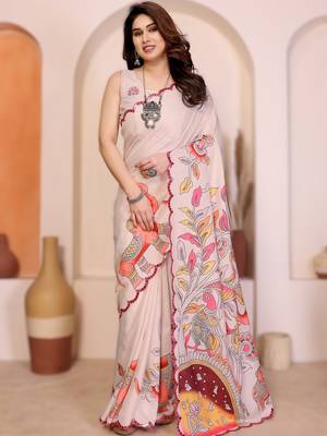 Cream rich manipuri silk blend kalamkari digital print saree with mirror work border 1