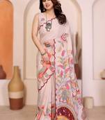 Cream rich manipuri silk kalamkari digital print saree with mirror work border