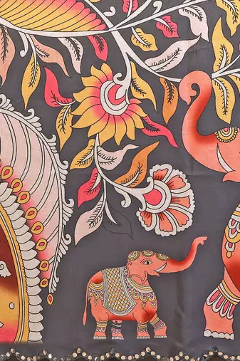 Grey rich manipuri silk blend kalamkari digital print saree with mirror work border