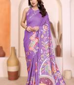 Purple rich manipuri silk kalamkari digital print saree with mirror work border
