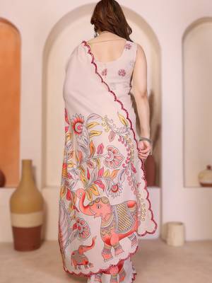 Cream rich manipuri silk blend kalamkari digital print saree with mirror work border 2