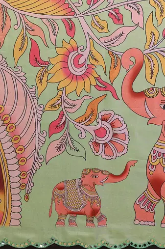 Parrot green rich manipuri silk blend kalamkari digital print saree with mirror work border