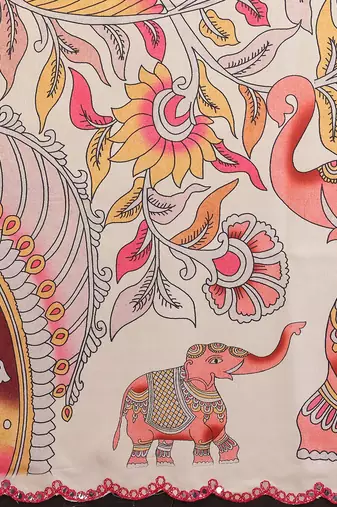 White rich manipuri silk blend kalamkari digital print saree with mirror work border