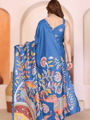 Blue rich manipuri silk blend kalamkari digital print saree with mirror work border 2