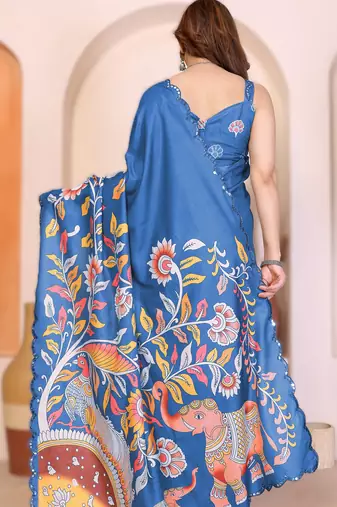 Blue rich manipuri silk blend kalamkari digital print saree with mirror work border