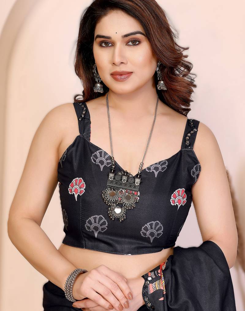 Black rich manipuri silk kalamkari digital print saree with mirror work border