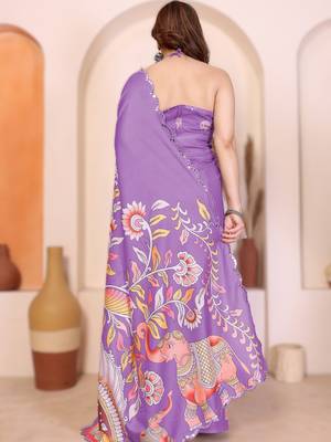 Purple rich manipuri silk blend kalamkari digital print saree with mirror work border 2