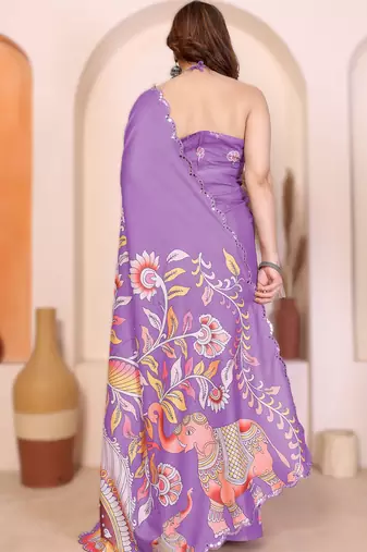 Purple rich manipuri silk blend kalamkari digital print saree with mirror work border