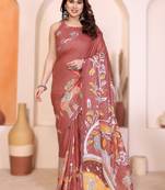 Brown rich manipuri silk kalamkari digital print saree with mirror work border