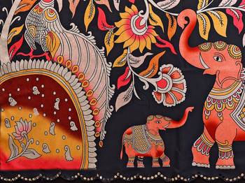 Black rich manipuri silk blend kalamkari digital print saree with mirror work border 5