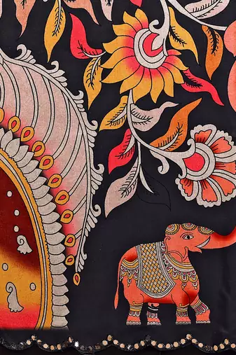 Black rich manipuri silk blend kalamkari digital print saree with mirror work border
