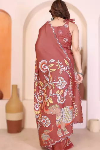Brown rich manipuri silk blend kalamkari digital print saree with mirror work border