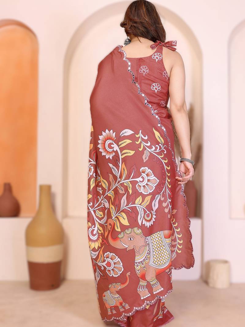 Brown rich manipuri silk kalamkari digital print saree with mirror work border