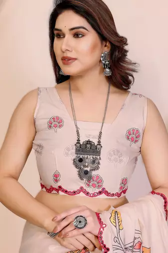 Cream rich manipuri silk blend kalamkari digital print saree with mirror work border