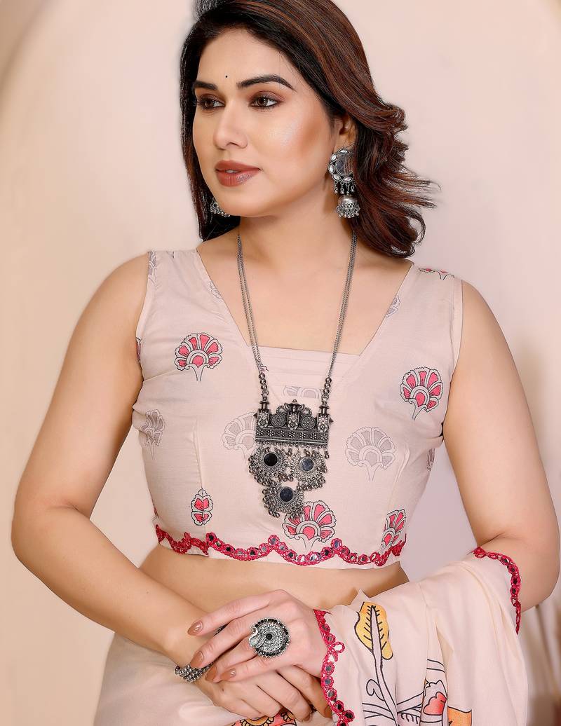 Cream rich manipuri silk kalamkari digital print saree with mirror work border