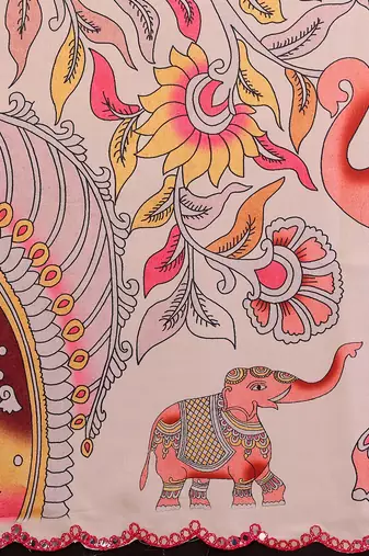 Cream rich manipuri silk blend kalamkari digital print saree with mirror work border