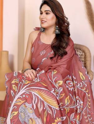 Brown rich manipuri silk blend kalamkari digital print saree with mirror work border 3
