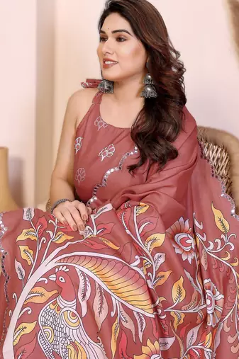 Brown rich manipuri silk blend kalamkari digital print saree with mirror work border