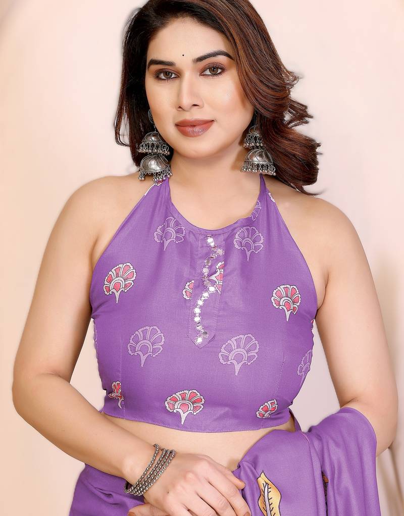 Purple rich manipuri silk kalamkari digital print saree with mirror work border