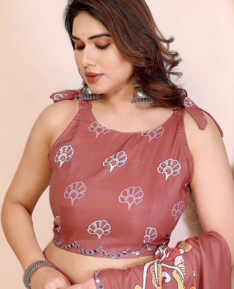 Brown rich manipuri silk kalamkari digital print saree with mirror work border