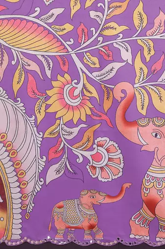 Purple rich manipuri silk blend kalamkari digital print saree with mirror work border