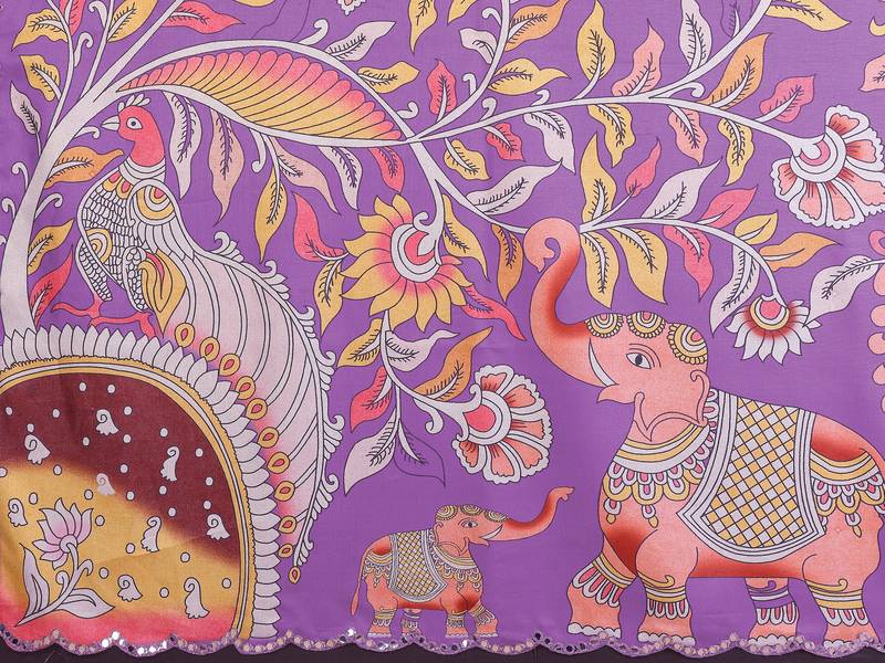 Purple rich manipuri silk kalamkari digital print saree with mirror work border