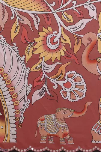 Brown rich manipuri silk blend kalamkari digital print saree with mirror work border
