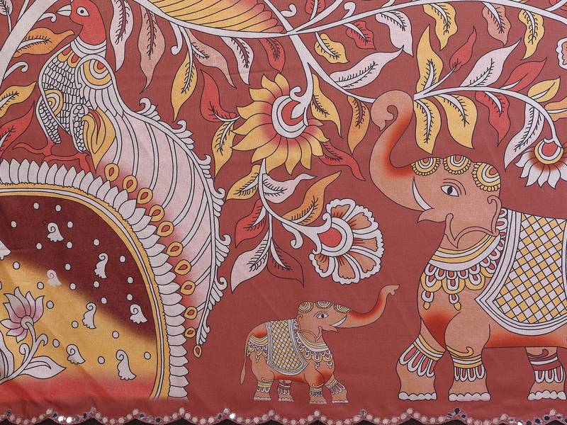 Brown rich manipuri silk kalamkari digital print saree with mirror work border