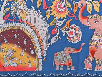 Blue rich manipuri silk blend kalamkari digital print saree with mirror work border 5