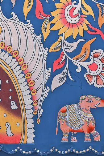Blue rich manipuri silk blend kalamkari digital print saree with mirror work border