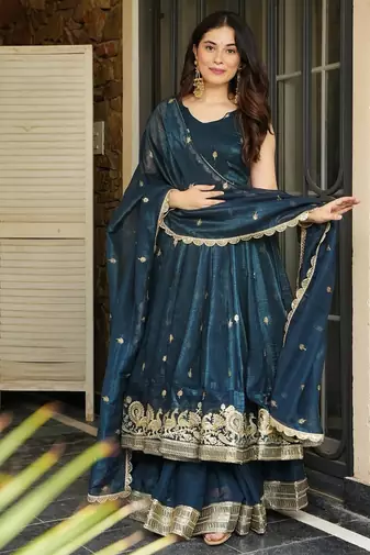 Teal Silk Embroidered Suit Set With Dupatta