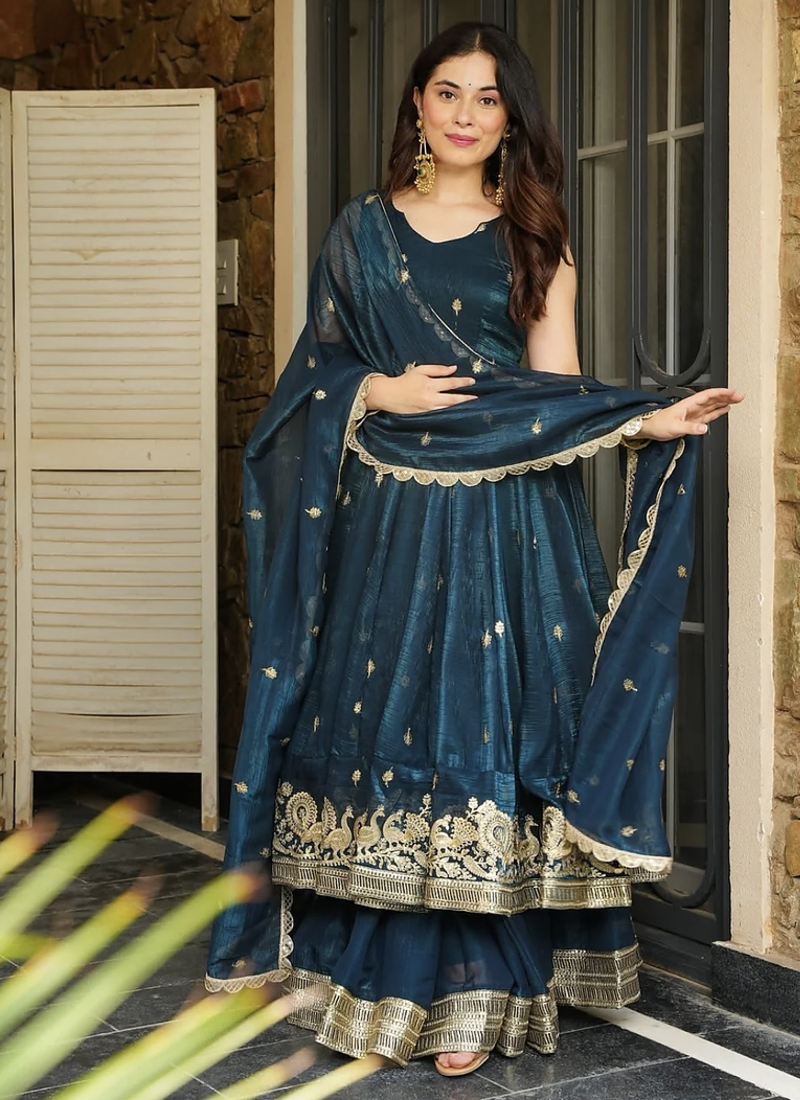 Teal Silk Embroidered Suit Set With Dupatta