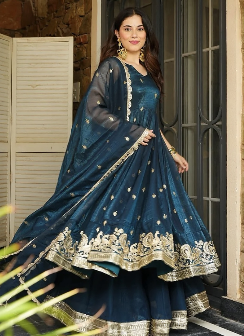 Teal Silk Embroidered Suit Set With Dupatta