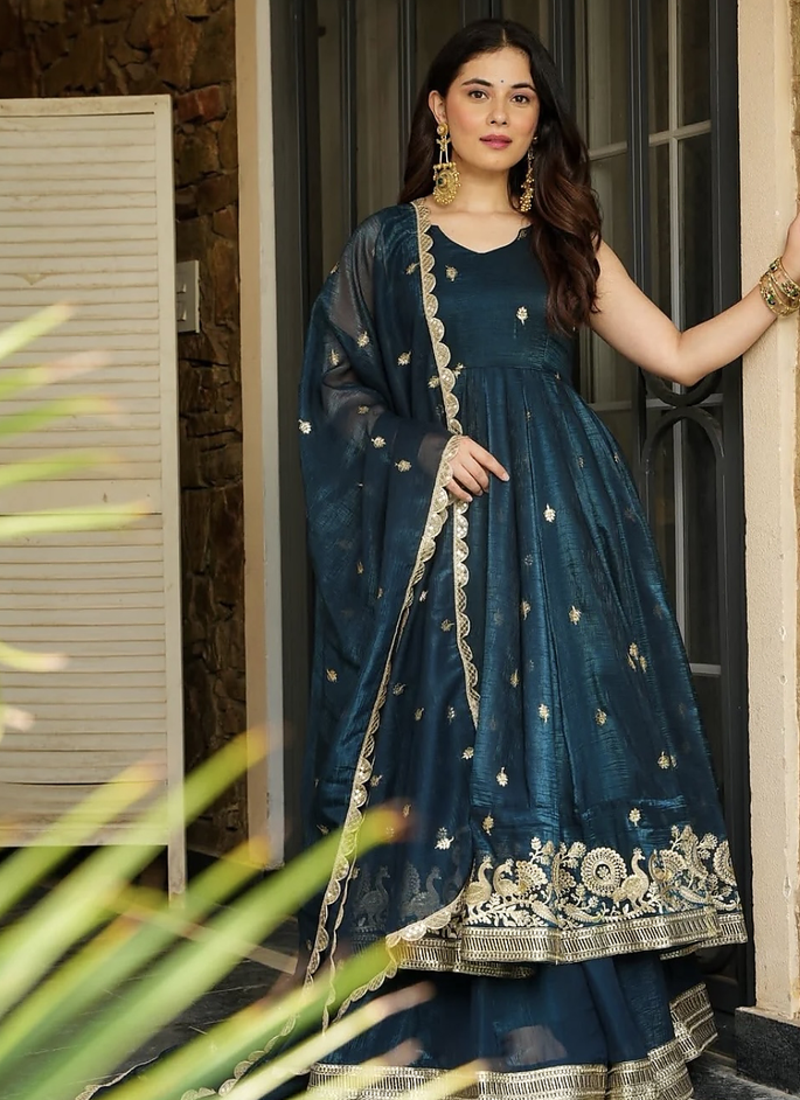 Teal Silk Embroidered Suit Set With Dupatta