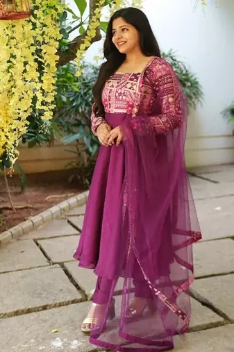 Wine anarklai kurta with chudi pants and dupatta
