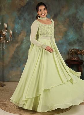 Lime green georgette slit anarkali paired with skirt and choker dupatta 1