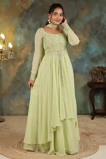 Lime green georgette slit anarkali paired with skirt and choker dupatta