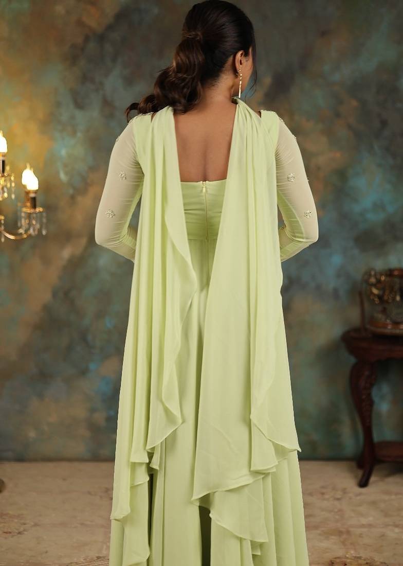 Lime green georgette slit anarkali paired with skirt and choker dupatta